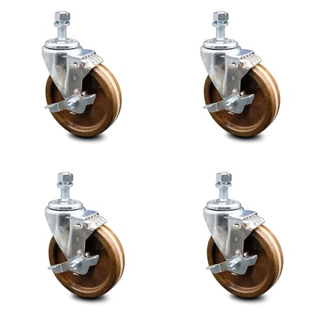 Service Caster 5 Inch High Temp Phenolic Swivel 1/2 Inch Threaded Stem Caster Set with Brake SCC SCC-TS20S514-PHRHT-TLB-121315-4